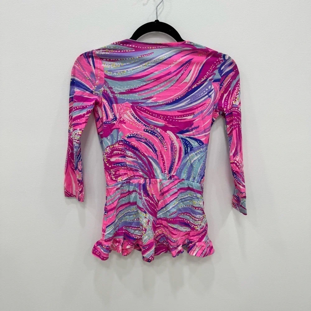 Lilly Pulitzer Oh My Guava Magenta Fanning Romper Sz Lg 8-10 pink blue multi